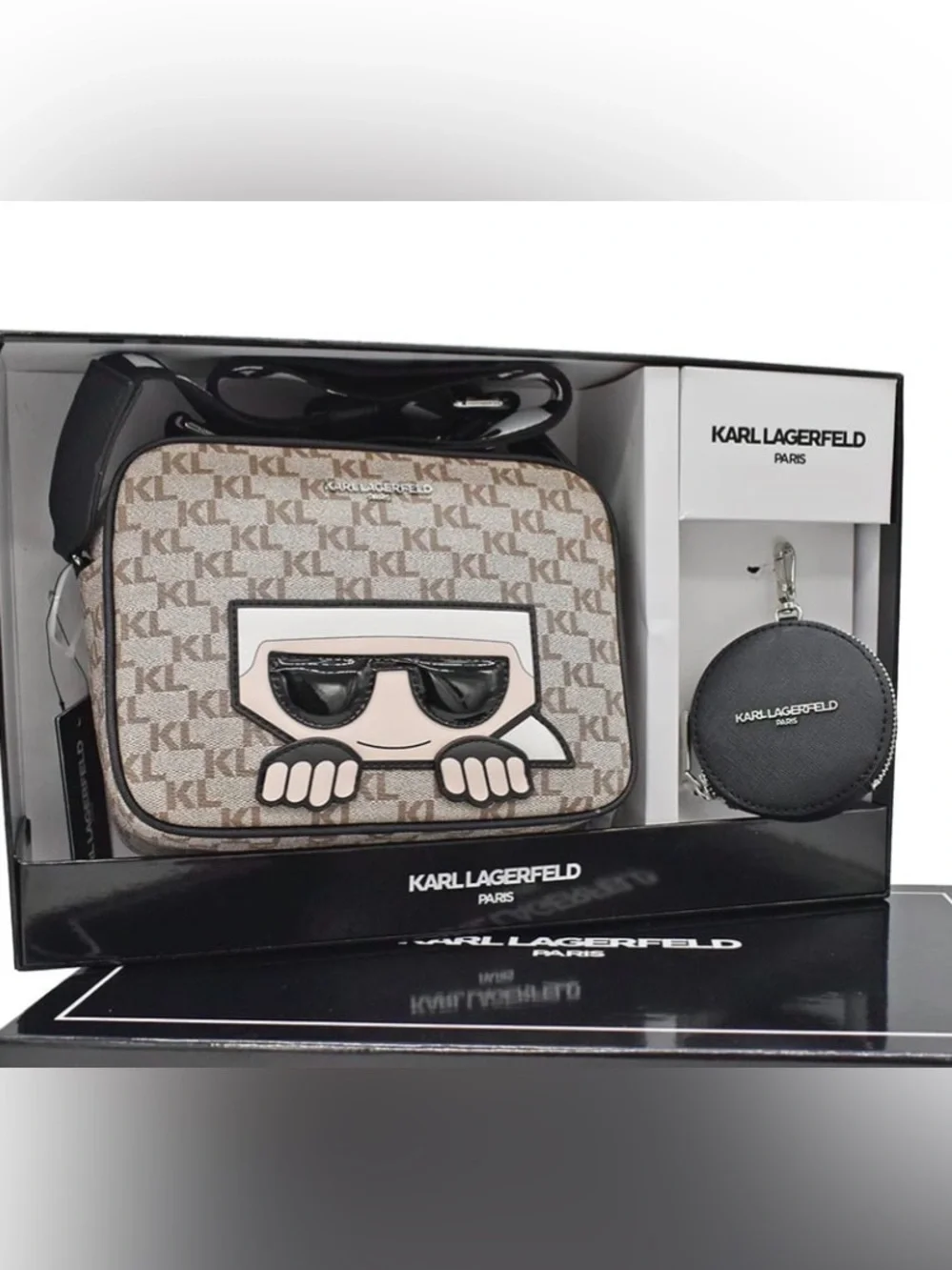 New Karl Lagerfeld Beige KL Monogram Crossbody Bag with Removable Coin Pouch